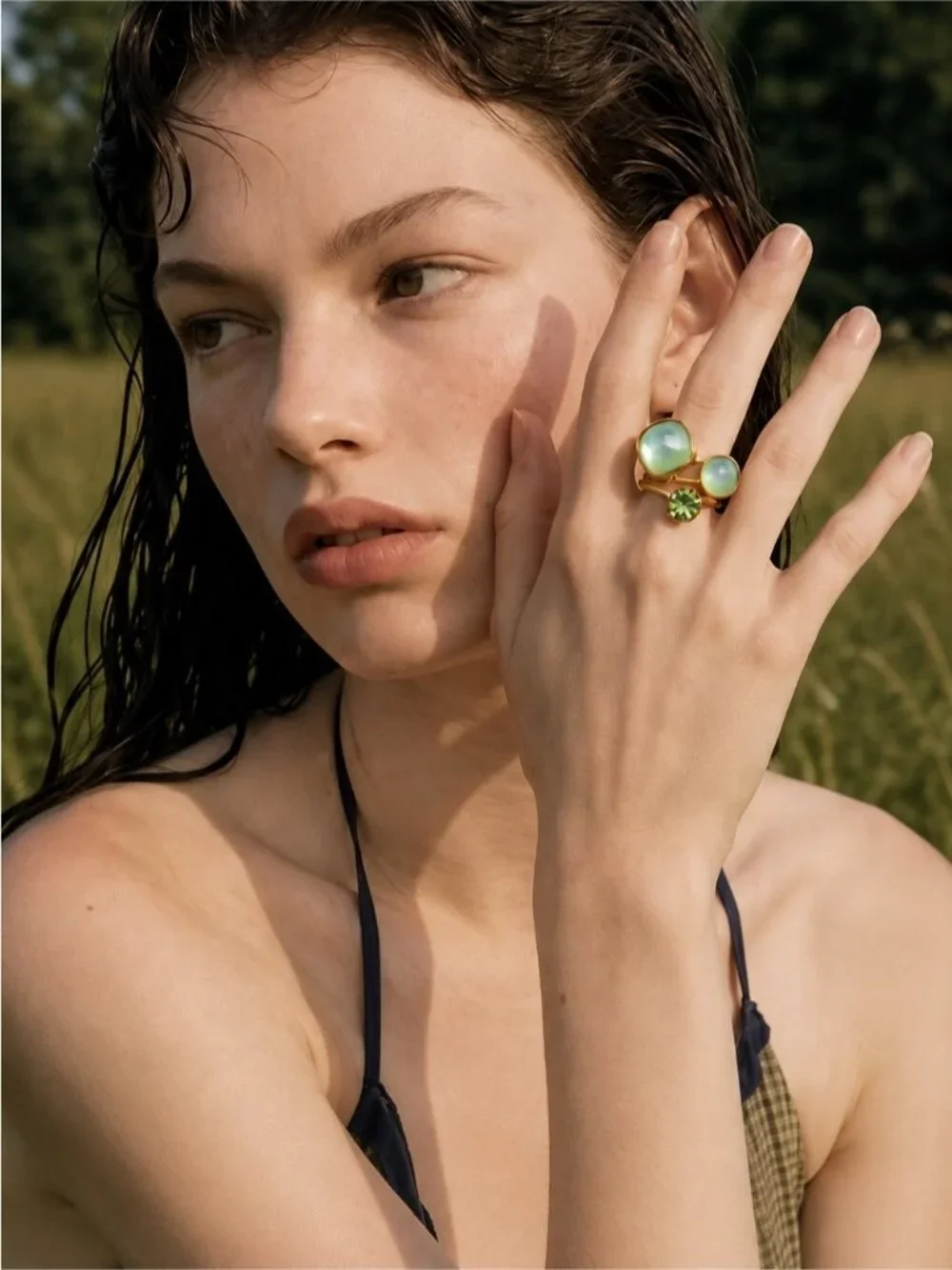 Gold Plated Ring with Lime Green and crystal Stones